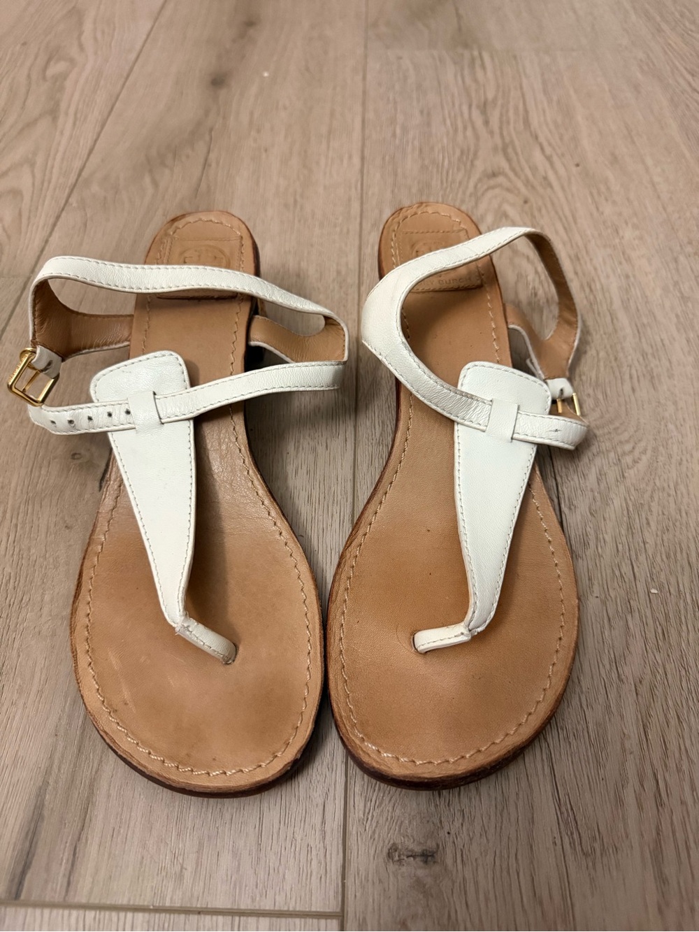 Tory Burch White Leather T-Strap heel/Sandals with Tan Footbed